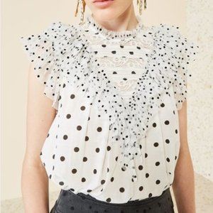 NWOT ULLA JOHNSON Wylie White Black Polka Dot Ruffle Print Pleated Lace Top 8
